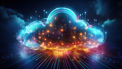 Poster - symbolic image of interconnected glowing nodes forming cloud shape, representing digital connectivity and data flow in vibrant, futuristic setting