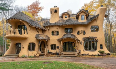 Wall Mural - Whimsical earth home nestled in autumn woods. AI.