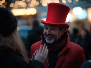 Poster - A man in a red top hat smiles. AI.