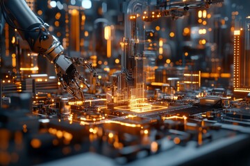 Poster - A robotic hand assembling a glowing circuit board resembling a cityscape, illustrating cutting-edge technology, AI engineering, and future urban development.
