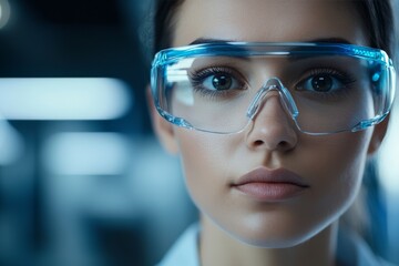 Poster - A young scientist in a laboratory setting, wearing protective goggles, showcasing the importance of safety and focus in scientific research environments.