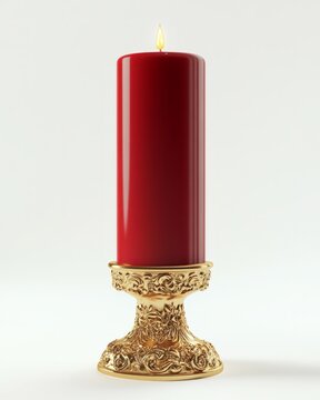 A 3D rendering of a single red Christmas candle with a golden base, isolated on a white background realistic 
