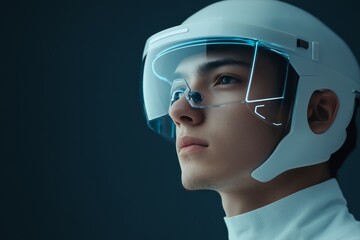Poster - A young individual wears a sleek, high-tech helmet with a transparent visor, symbolizing innovation and technological advancement in modern protective gear.