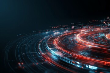 Poster - A captivating abstract pattern of swirling red and blue lights on a dark background, evoking a sense of energy, movement, and the complexity of technology.