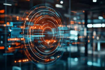 Poster - A futuristic digital interface displaying intricate circular holograms and glowing elements, symbolizing cutting-edge technology and modern virtual communication.