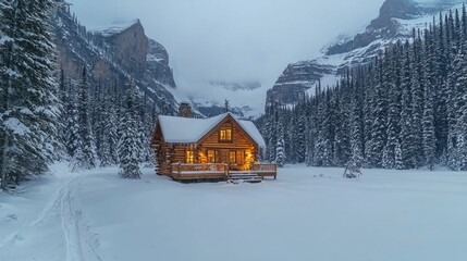 Poster - Nestled among tall, snow-covered pines, a rustic cabin glows invitingly against the backdrop of majestic mountains. The serene winter landscape creates an enchanting atmosphere of peace