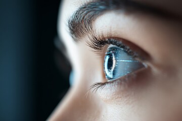 Poster - A detailed close-up of an eye with digital elements reflected in it, symbolizing human connection to innovative technologies and the future of digital interactions.