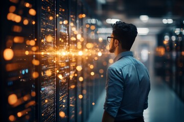 Poster - A tech expert in a data center is examining racks of servers illuminated with bright lights, symbolizing the power, complexity, and innovation of modern technology.