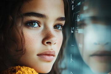 Poster - A young child with a curious expression looks at a futuristic transparent screen displaying complex data, symbolizing youth and boundless potential in technology.