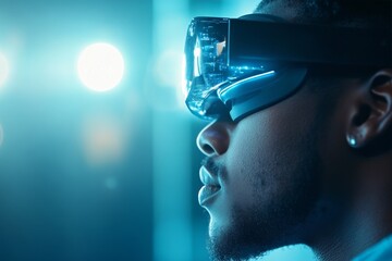 Poster - A close-up shot of a person wearing an advanced augmented reality headset, set against a vibrant background of bright, futuristic lights and reflections.
