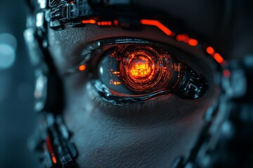 Poster - A close-up of a futuristic robotic eye, showcasing intricate digital circuitry and a vibrant, glowing core, conveying technology and innovation themes.