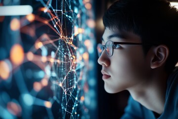 Poster - A person intently observes a complex digital network display, illustrating the concepts of technology, focus, and connection. The scene captures a modern techno vibe.