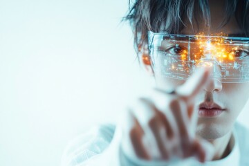 Poster - A young person interacts with a virtual holographic display, highlighting futuristic technology and engagement in an immersive, digital world of possibilities.