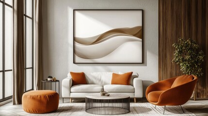 Leinwandbilder - This stylish living room showcases a harmonious blend of soft warming hues, highlighted by modern furniture and elegant decor. Natural light enhances the inviting atmosphere, creating a serene space