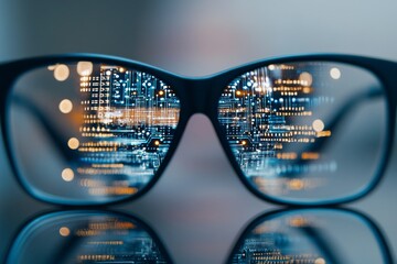 Poster - Eyeglasses with a reflection of intricate circuit board patterns, symbolizing the fusion of technology and human perception in the digital age.