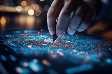 Poster - A close-up of a hand using a stylus to draw intricate glowing circuits on a digital tablet screen, depicting the intersection of art and technology.