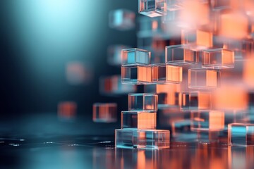 Poster - This image showcases transparent glass blocks arranged in an abstract digital grid with a blend of blue and orange hues, symbolizing modern digital technology.