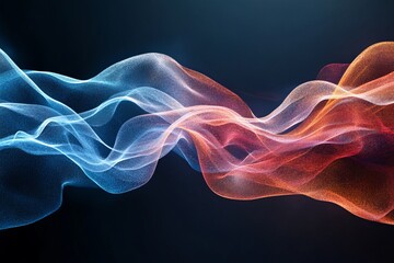 Poster - Flowing blue and red abstract waves intertwine against a dark background, blending motion and energy to represent balance and dynamism in a captivating digital artwork.