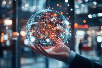Poster - A digital globe made of glowing networks hovers above an open hand, symbolizing technology's influence and connectivity in the modern, digitalized global society.
