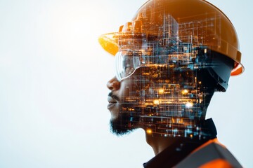 Poster - Side profile of a man overlaid with digital circuitry resembling a city network, representing the fusion of human intelligence and technological innovation.