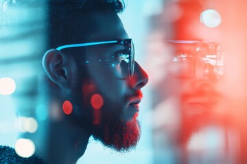Poster - A cybernetic-themed profile portrait showcases a person surrounded by vibrant neon lights, blending futuristic aesthetics with human contemplation and modernity.