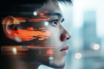 Poster - A digital portrait shows a man with pixelated, futuristic effects surrounding his face, symbolizing the integration of technology and human identity in modern art.