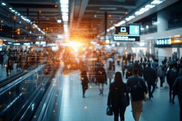 Poster - A digital overlay of nodes and lines over a busy city scene represents the connection between urban life and technology, emphasizing ongoing digital integration.