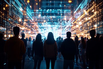 Poster - A group of people stands mesmerized by a vibrant, digital landscape. The scene depicts engagement, technology's future, and the blend of reality with virtual realms.