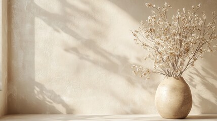 Poster - Delicate dried flowers elegantly arranged in a textured vase capture the warm glow of sunlight streaming through a nearby window, enhancing the tranquil ambiance of the room