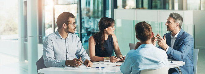 Aufkleber - Leader, meeting or business people with feedback for planning, investment research or budget advice. Mentorship, banner and financial advisor in discussion for accounting review, teamwork and report