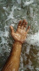 Aufkleber - In a serene coastal moment, a hand emerges from the glistening water, half-submerged among the soft waves, reaching toward the distant horizon under a vast sky