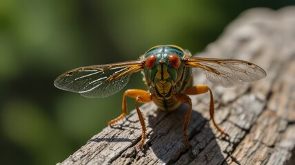 Wall Mural - Close-up of a vibrant green and orange cicada perched on weathered wood, its large transparent wings spread wide.