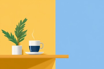 Poster - A flat design of a steaming espresso shot, with bold minimalist colors and no background distractions
