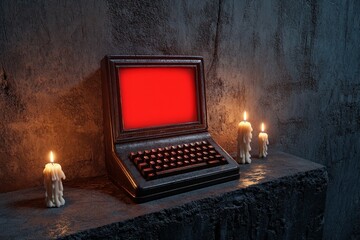 Poster - A gothic computer terminal displaying a glowing red error message, surrounded by candlelight and eerie shadows