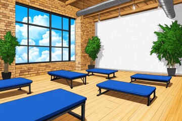 Fototapete - A pixel art depiction of a Pilates studio with tiny reformers, mats, and resistance bands, animated with small characters performing exercises