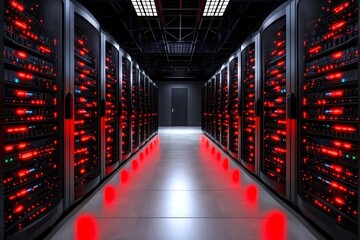 Poster - A server room with red lights flashing and warning signs indicating a critical system failure
