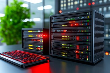 Poster - A server room with red lights flashing and warning signs indicating a critical system failure