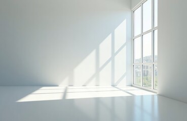 Poster - White room with large window. Sunlight streams in casting patterns on floor. Empty space ideal for product display interior design. Modern style architecture interior. Empty room. Daylight. Light.