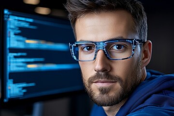 Fototapete - An IT professional configuring an ERP system on dual monitors, surrounded by code and diagrams