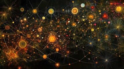 Wall Mural - abstract network of interconnected glowing circles and lines on a dark background.
