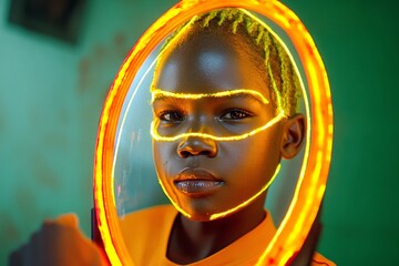Aufkleber - An ultra-detailed image of a person looking at themselves in a mirror, with fine details showing a warm, proud smile and glowing light around their reflection