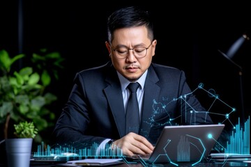 Aufkleber - A CFO in a sleek office reviewing financial data on an ERP system, with a glowing pie chart and bar graph on the screen