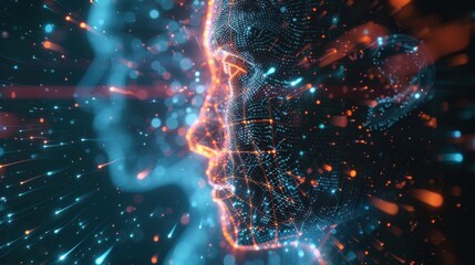 Poster - Artificial intelligence face emerging from big data flow with glowing blue and orange particles moving on dark background, representing machine learning, deep learning, and neural networks