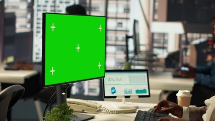 Poster - woman at her desk working on data analysis next to mockup display, engaged in business tasks and bud