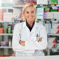 Poster - Happy woman, portrait and pharmacist with confidence for medication, healthcare service or assistance at dispensary. Female person, doctor or medical worker with smile or arms crossed at pharmacy