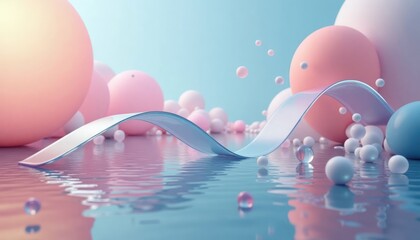 Poster - Abstract 3D scene shows transparent light blue ribbon over water surface. Floating geometric shapes like circles, spheres in pastel colors pink, white. Abstract design with transparent elements.