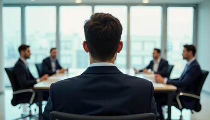 Poster - Businessmen sit in a modern office conference room. Meeting or interview in progress. Pro setting. Men in suits. Focused discussion. Modern office environment.
