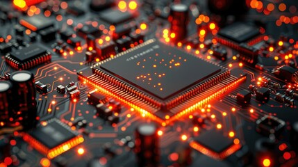 Poster - Close-up of a glowing microprocessor on a circuit board with intricate detail.