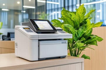 Poster - A modern office printer connected to a computer displaying an EPS file being prepared for printing