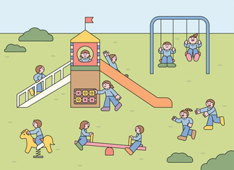 Poster - cute children are playing at the playground. slides, swings, seesaws, etc. cuttiny character with ou